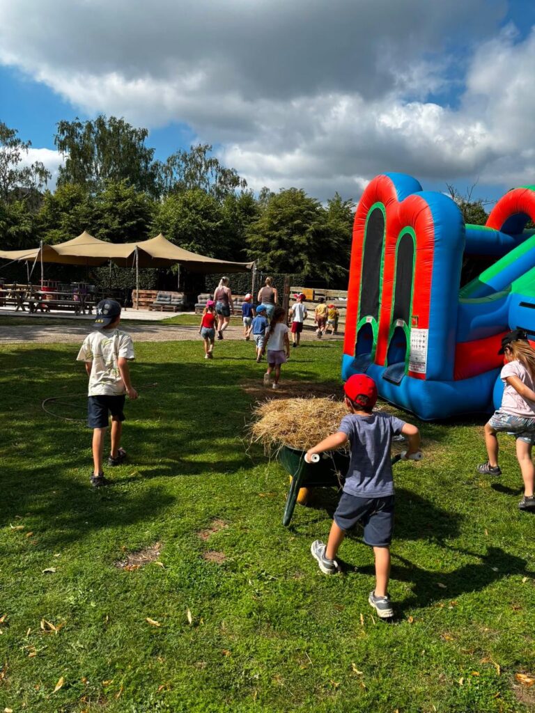 Kinderen spelen buiten op het grasveld tijdens het boerderijkamp